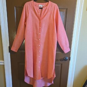 Loft-Linen blend coral button down front long shirt dress Sz M.
